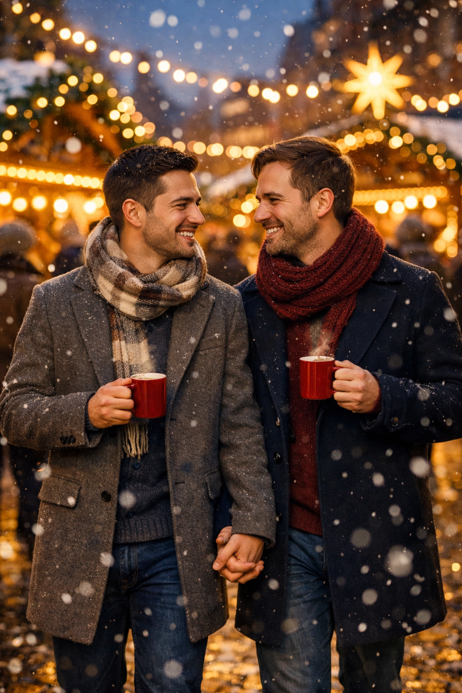 Gay couple holding hands at European Christmas market with mulled wine and festive lights