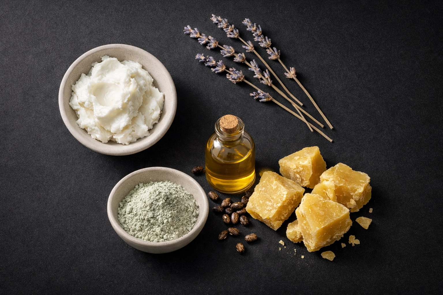 Natural shaving soap ingredients including cocoa butter, bentonite clay, castor oil, and cedarwood for a smooth, irritation-free shave.