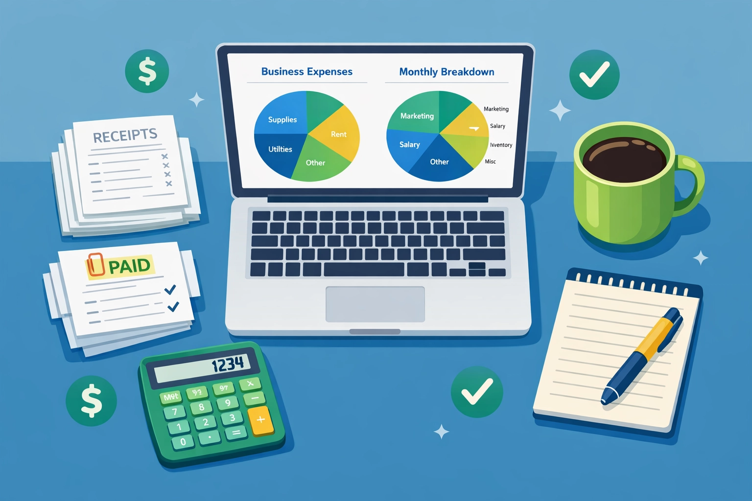 Organized small business bookkeeping desk with receipts, calculator, and expense tracking charts