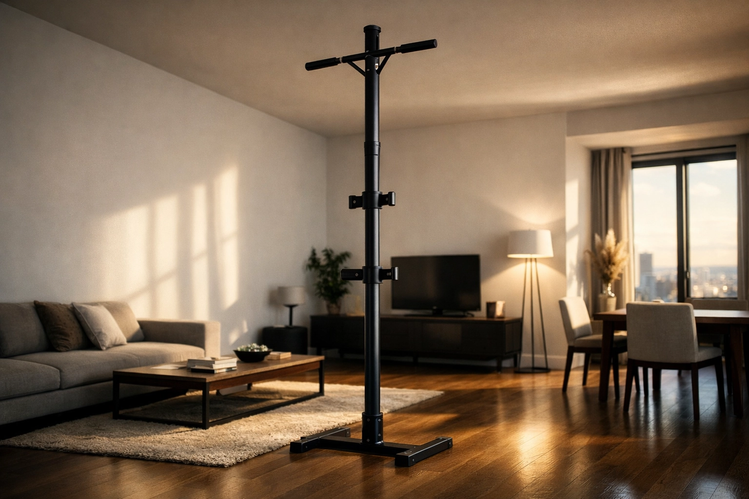 Sleek floor to ceiling gym rail setup in an apartment as a pull up bar alternative with no wall damage.