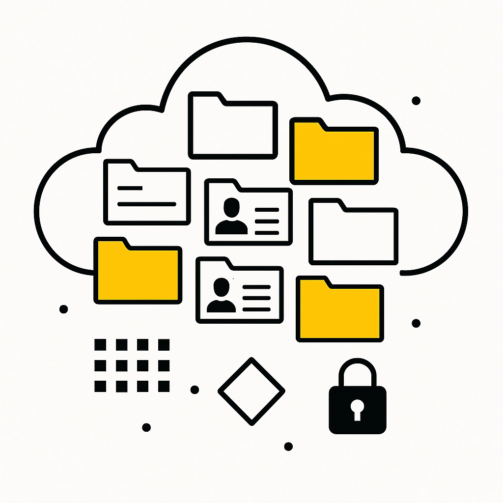 Cloud with yellow folders, ID cards, lock symbolizing data security. Black outlines, white background, small dots, and shapes scattered.