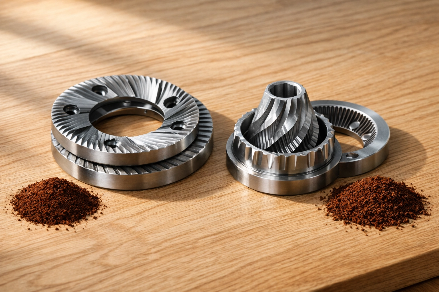 Flat and conical espresso grinder burrs displayed with fresh coffee grounds on a wooden counter.