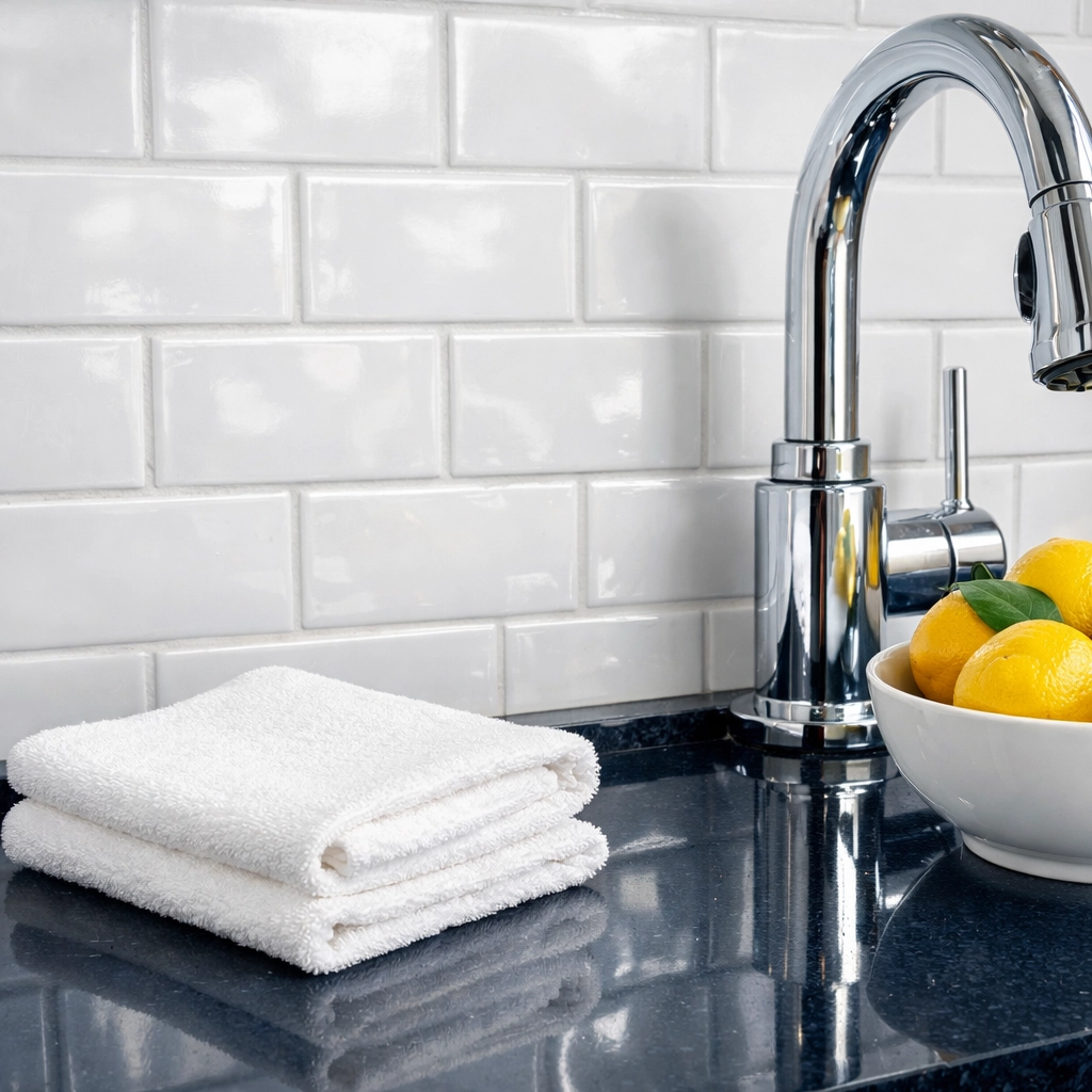Meticulous deep cleaning Ashby MA in a high-end kitchen with a shining chrome faucet and white tile backsplash.