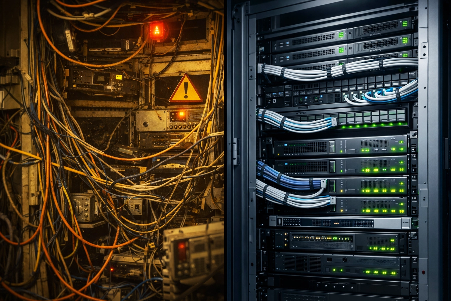 Comparison of outdated IT infrastructure versus professional managed IT services setup