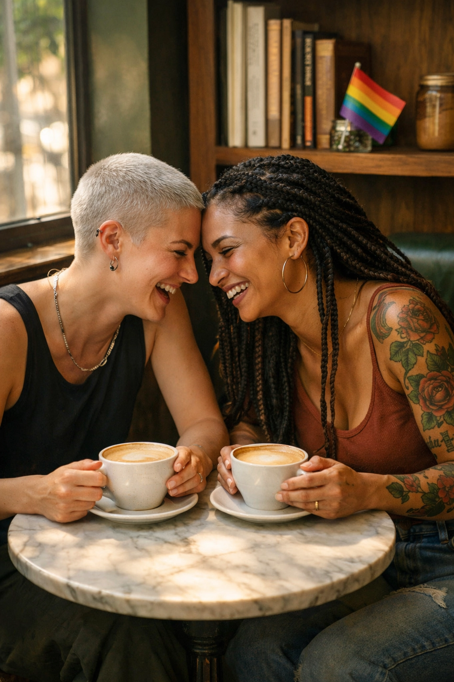 Two lesbian friends sharing coffee and conversation in a welcoming queer-owned cafe while traveling.