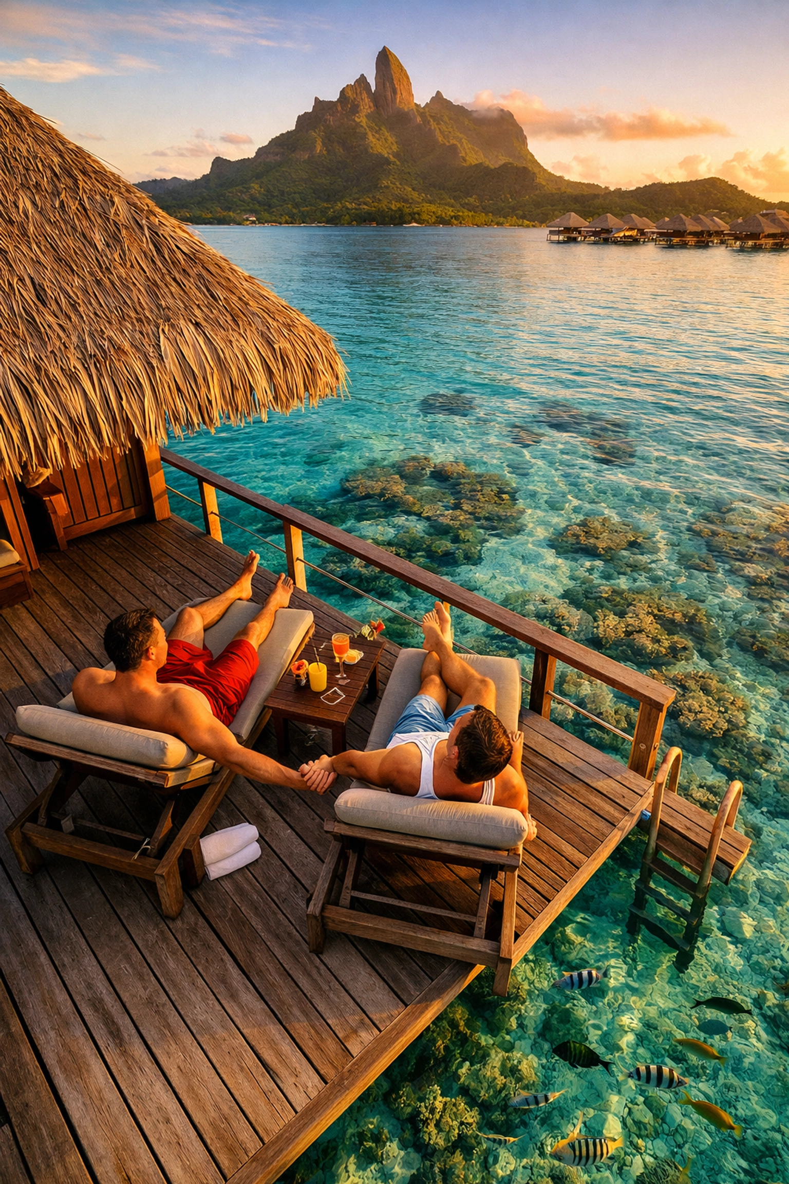 Gay couple relaxing on private overwater bungalow deck in Bora Bora with turquoise lagoon