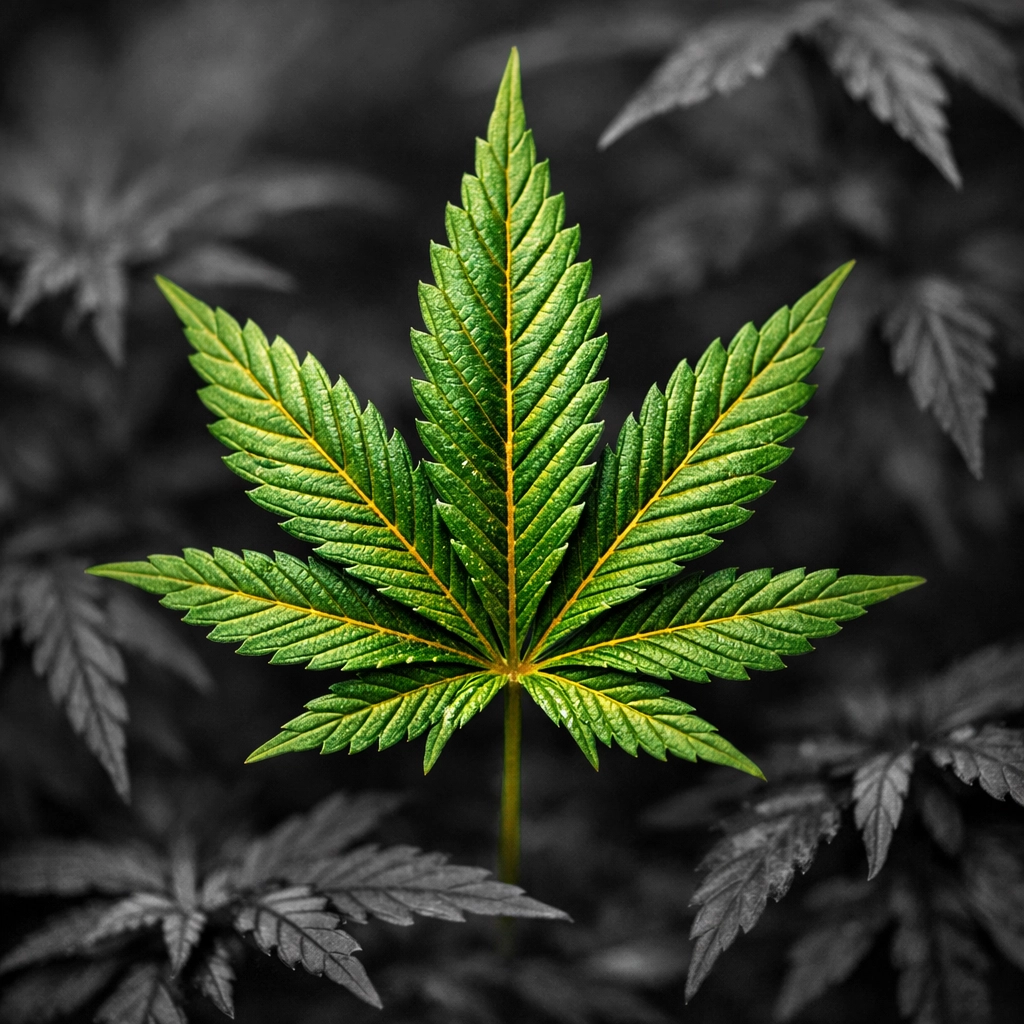 A vibrant green cannabis leaf with gold accents representing high-authority niche backlinks for SEO.