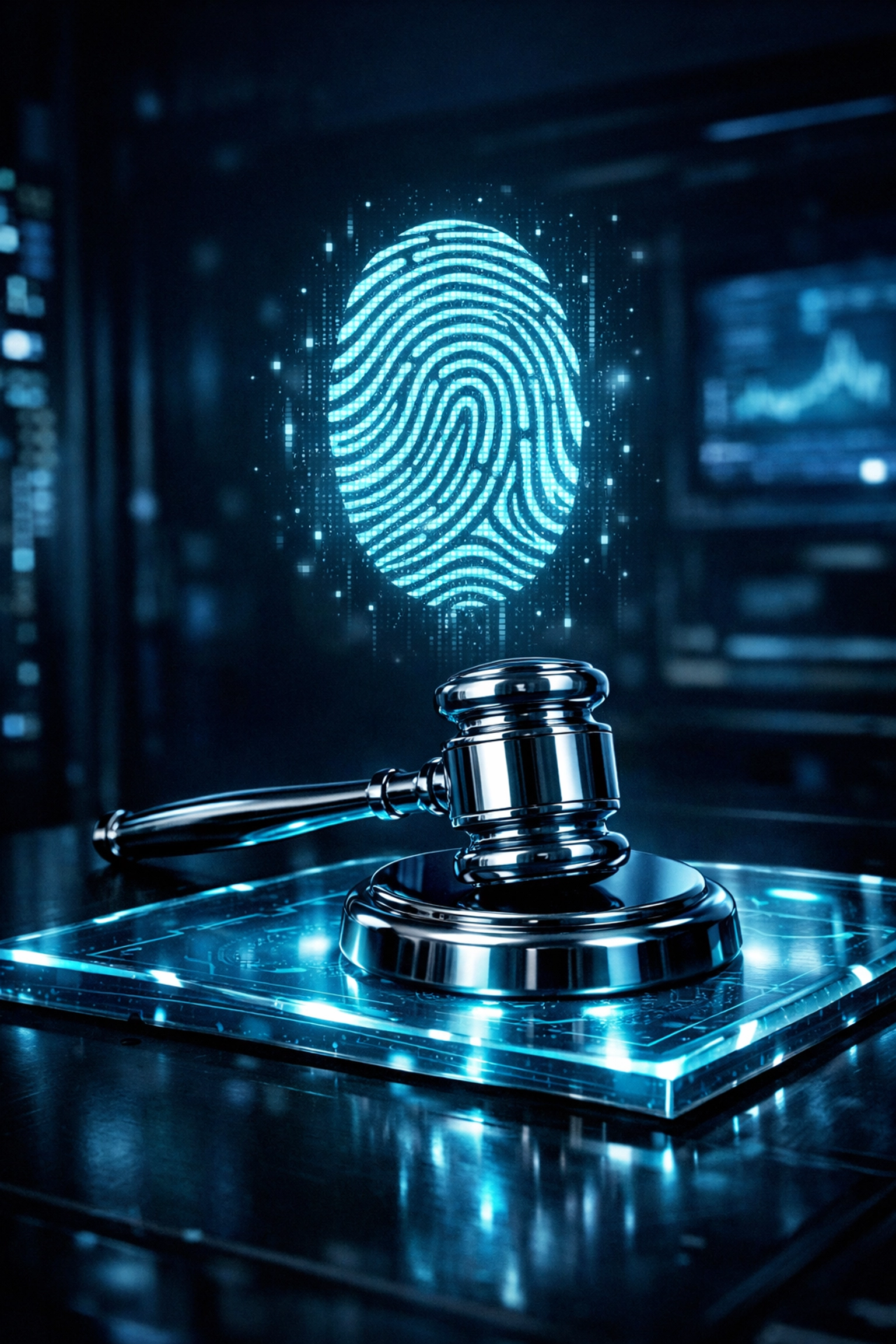 Chrome legal gavel and digital fingerprint, symbolizing human authority and local seo services for law practices.