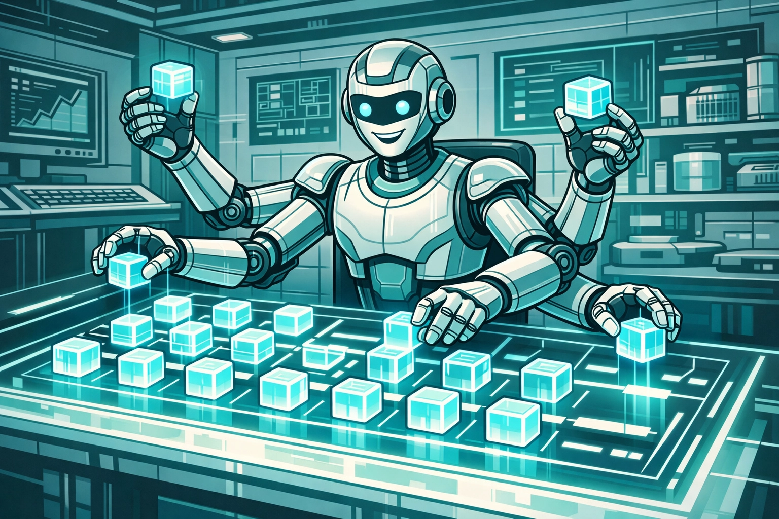 A robotic accountant efficiently sorting digital data for automated reconciliation of bank payments.