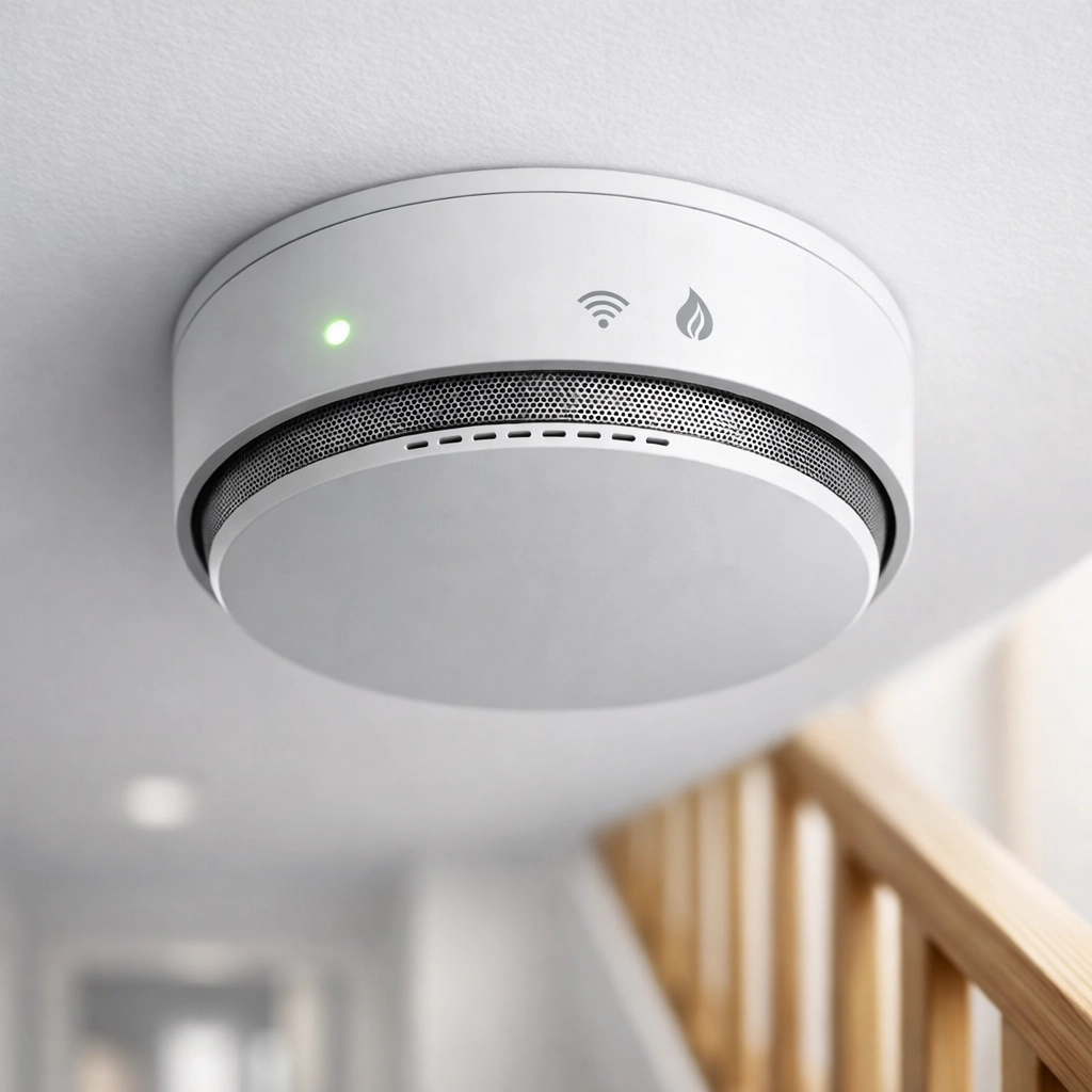 Professional installation of a modern smoke alarm in a UK home by an emergency electrician bournemouth.