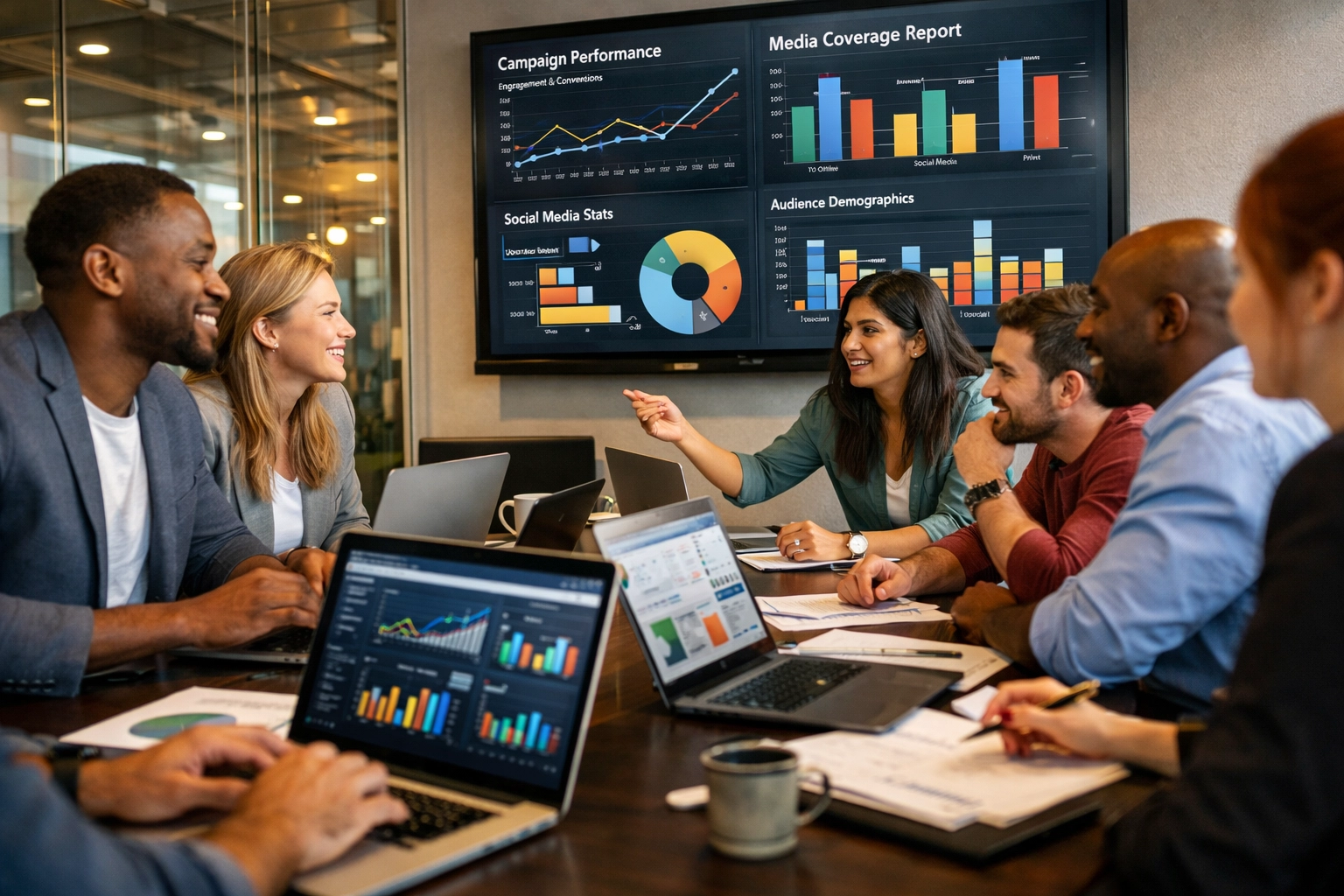 Sports marketing team reviewing press release automation analytics and campaign performance data