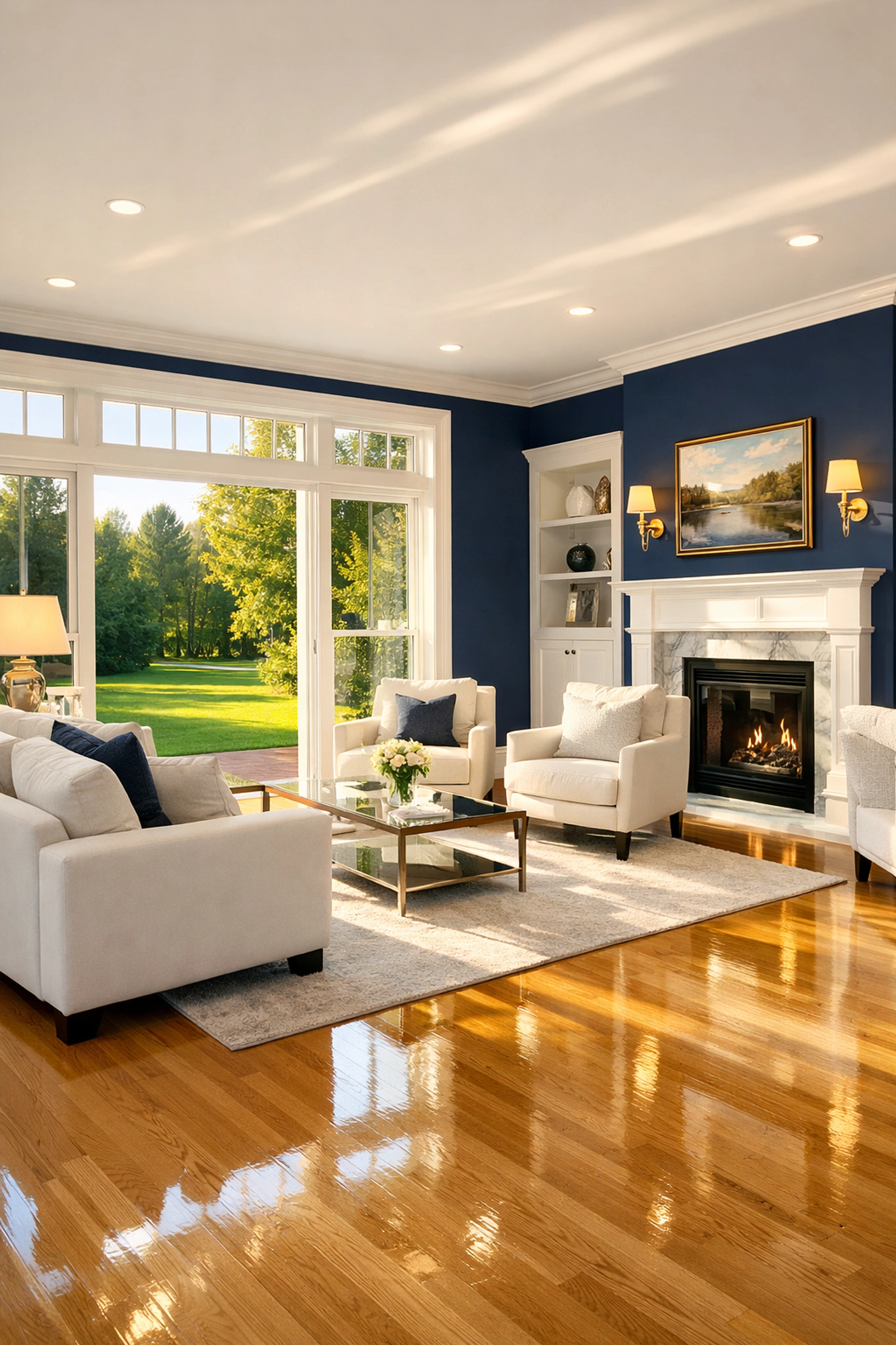 Pristine living room with polished floors representing premium house cleaning Boylston MA services.