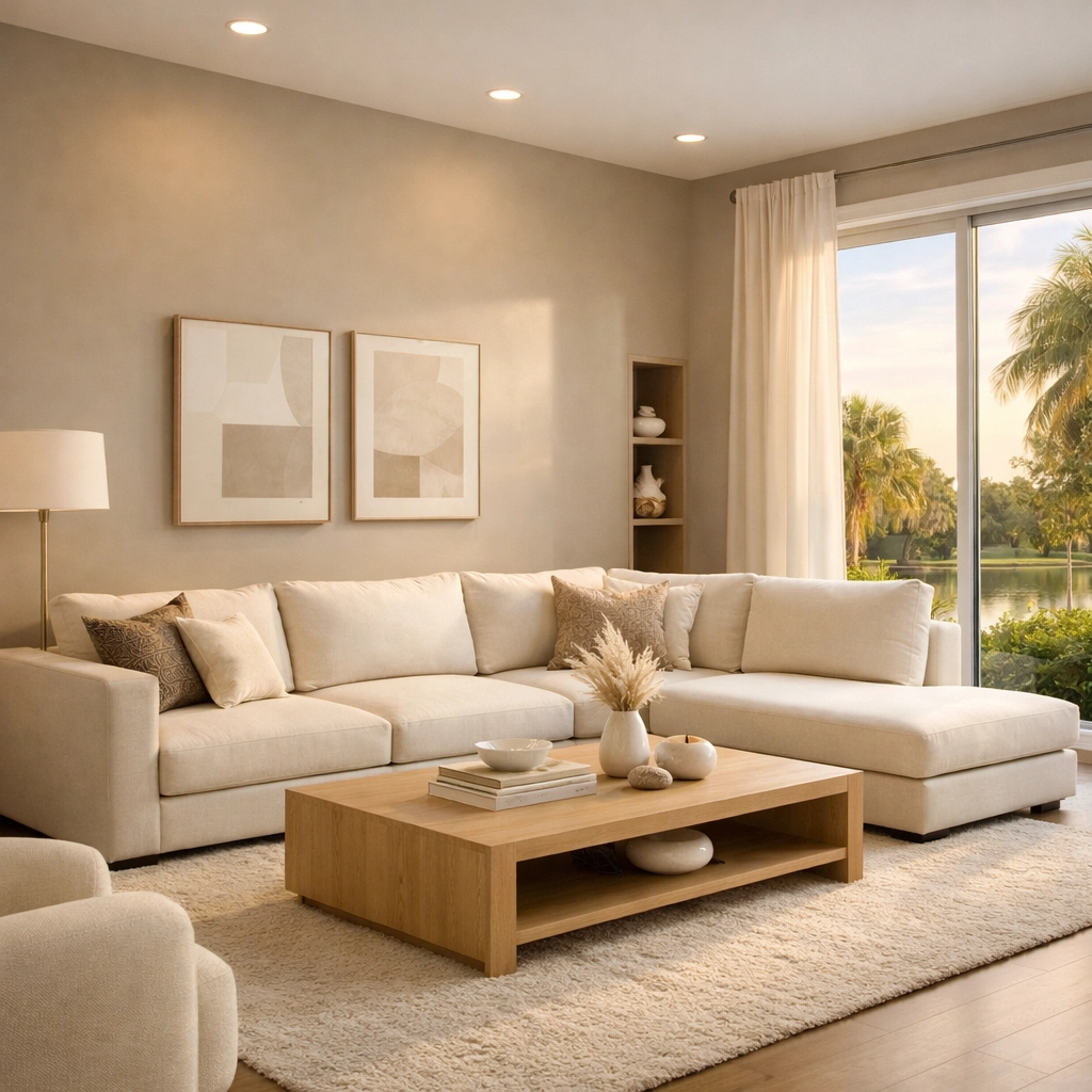 Modern Orlando living room featuring neutral greige interior painting to boost home value.