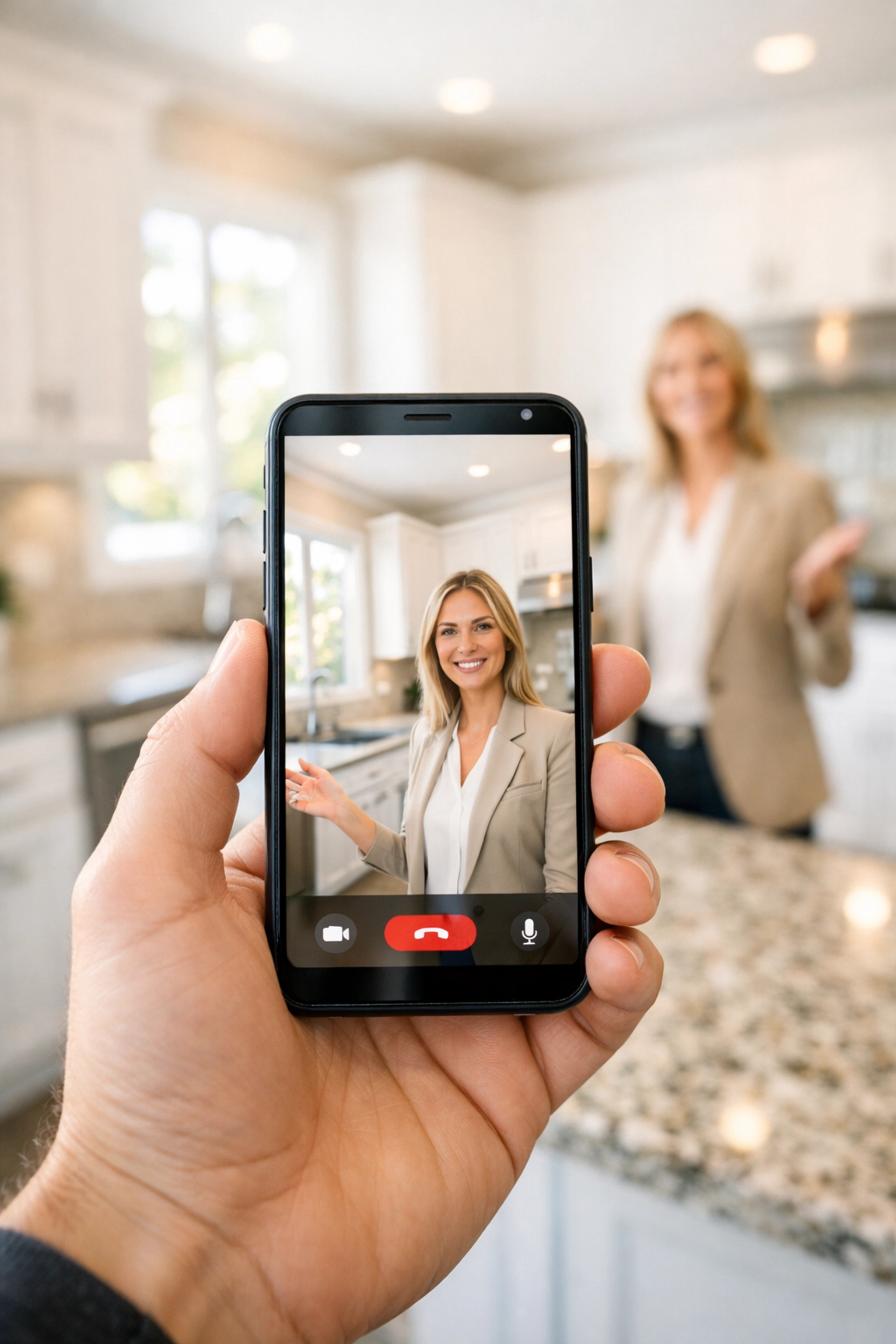 Remote home buyer viewing a live virtual tour of an Omaha kitchen during an Offutt AFB PCS relocation.