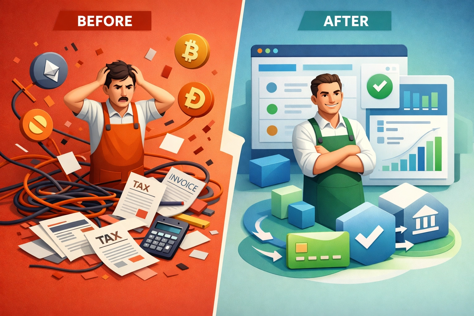 Before and after comparison of chaotic crypto tax reporting versus organized payment system