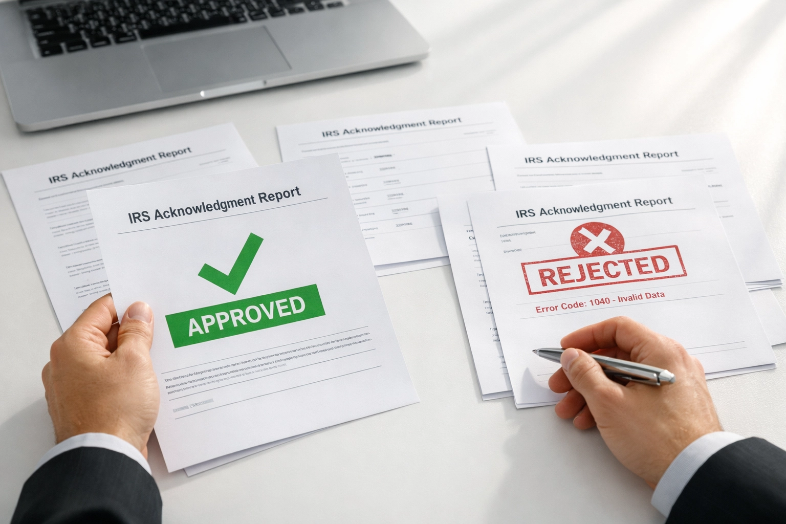 Tax professional reviewing IRS acknowledgment reports showing accepted and rejected returns