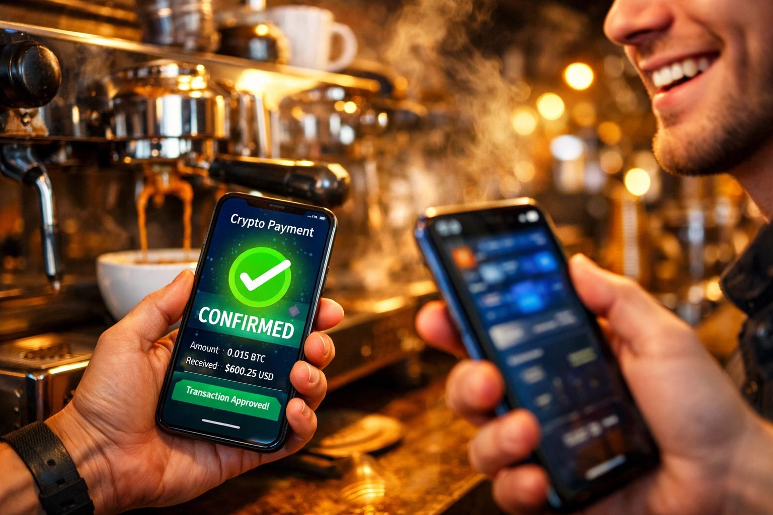 Instant crypto payment confirmation at coffee shop POS with Larecoin sub-second settlement