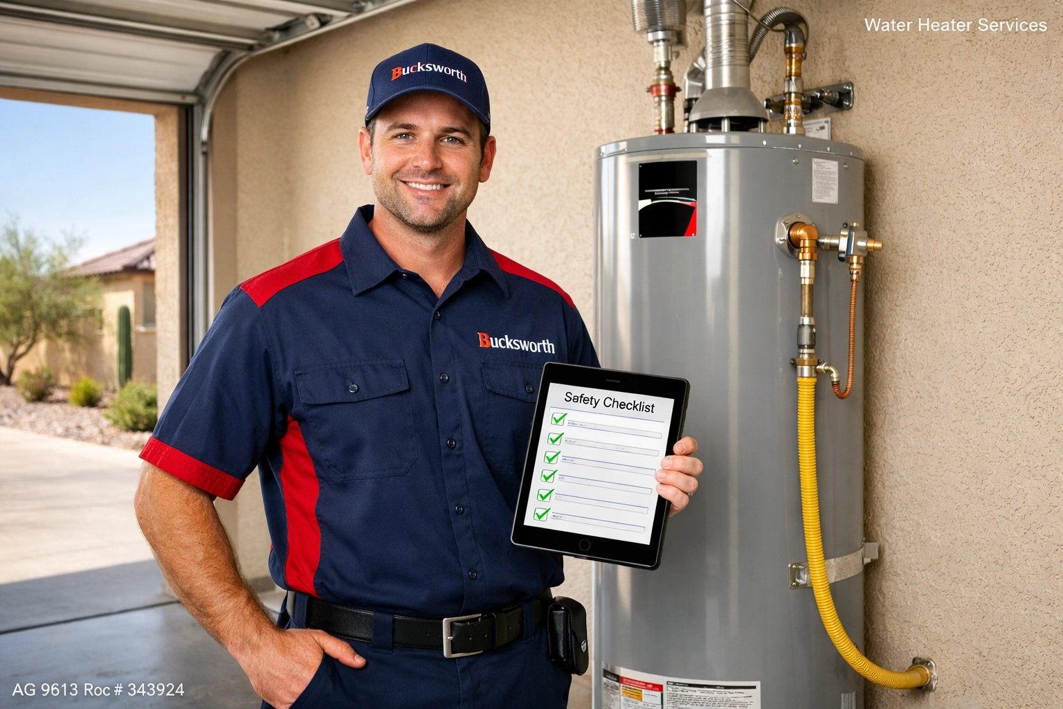 Bucksworth technician performing a water heater safety inspection in a Peoria AZ home garage.