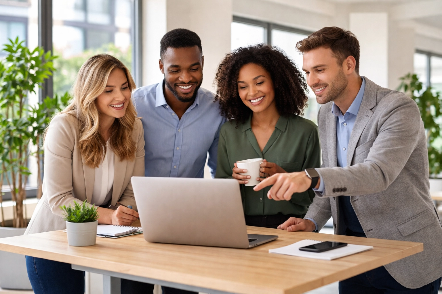 Team collaborating around a laptop in a modern office, discussing user-focused Zoho CRM customization needs.