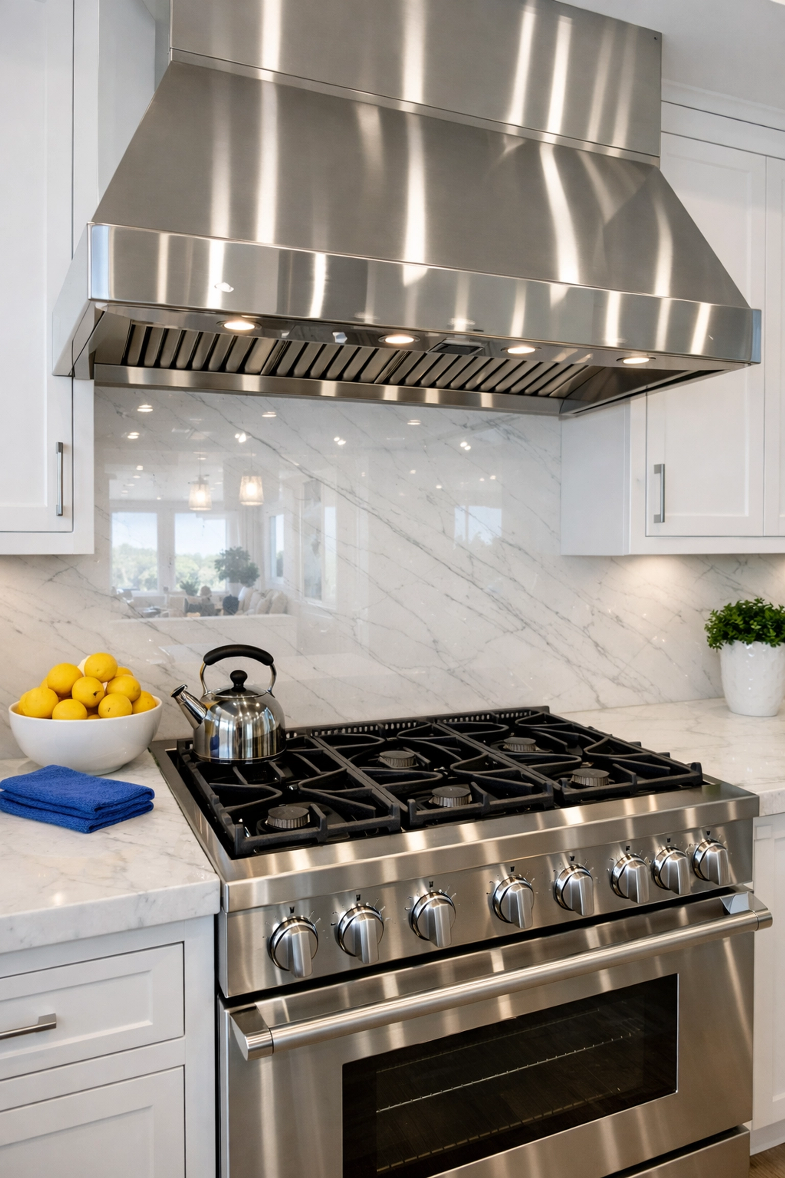 Sparkling clean kitchen surfaces and polished vent hood after an apartment cleaning Boston deep clean.