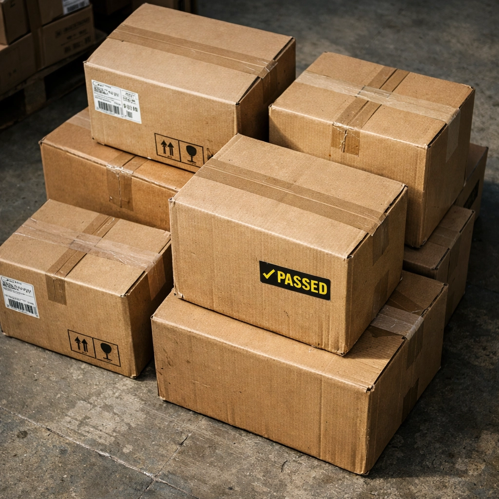 Cardboard shipping boxes in a warehouse for international wholesale distribution and liquidation pallets.