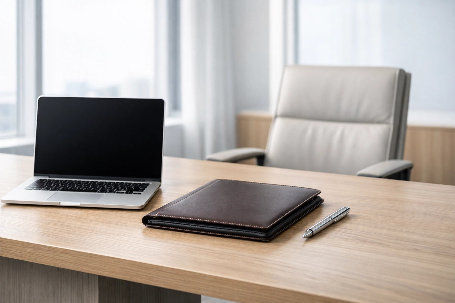 Professional executive desk with laptop representing the legal and technical setup for a tax service bureau.