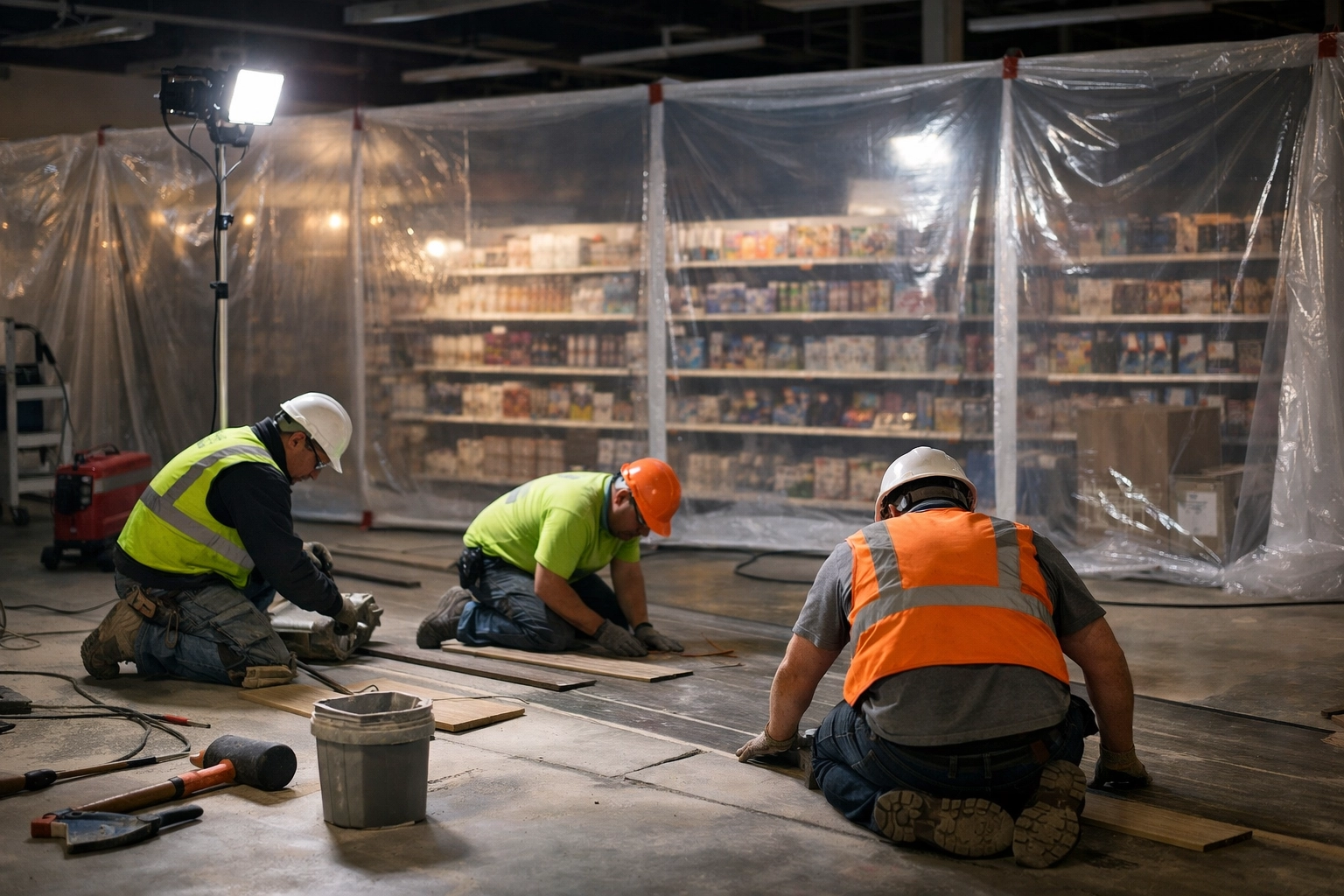 Construction crew working overnight retail renovation with dust barriers protecting store merchandise
