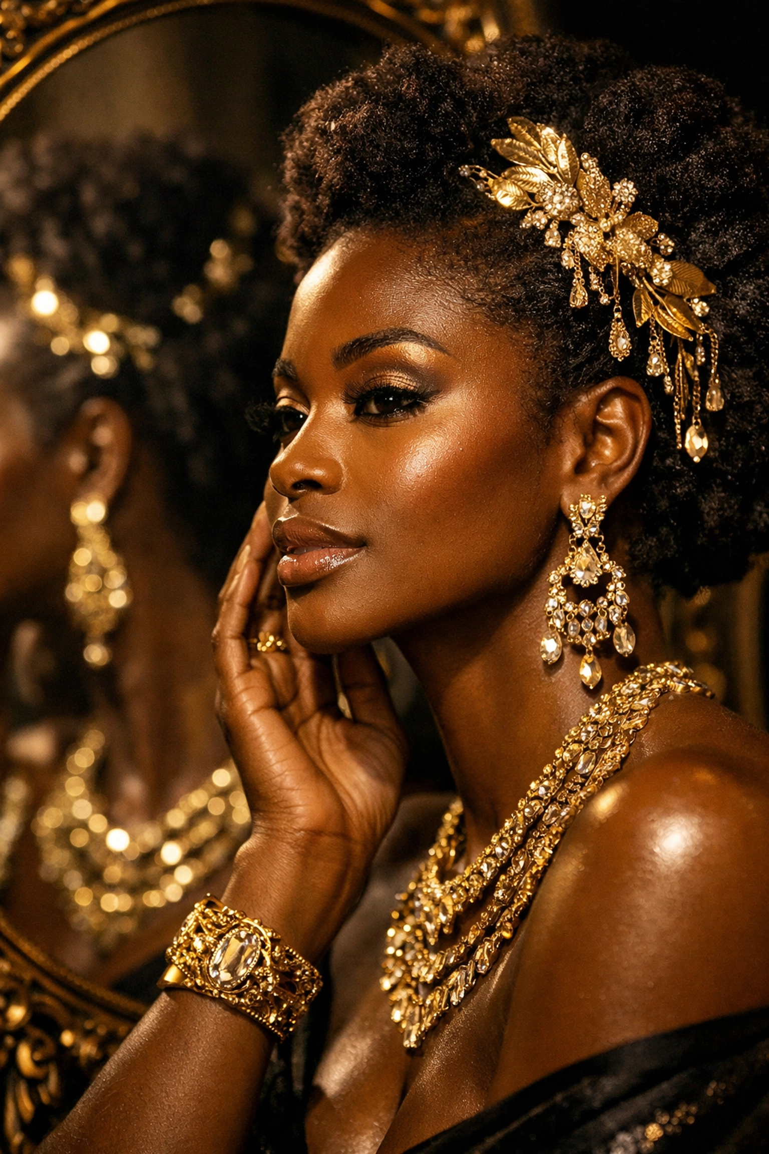 Empowered Black woman wearing elegant gold jewelry and hair accessories from a Black-owned brand.