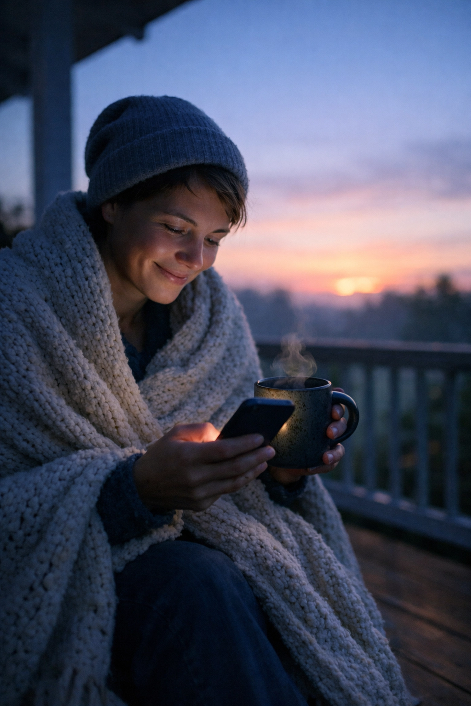 A person viewing a mobile prayer reminder at dawn to maintain an unbroken 24 hour prayer chain.