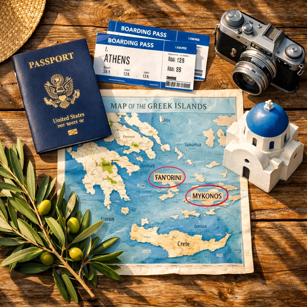 Greece travel package planning essentials including passport, Athens boarding pass, and Greek islands map