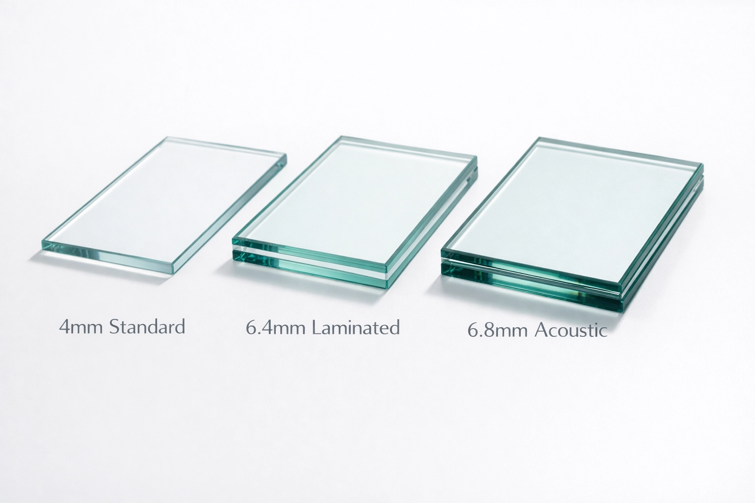 Three acoustic glass options for secondary glazing: standard 4mm, laminated 6.4mm, and acoustic 6.8mm panes