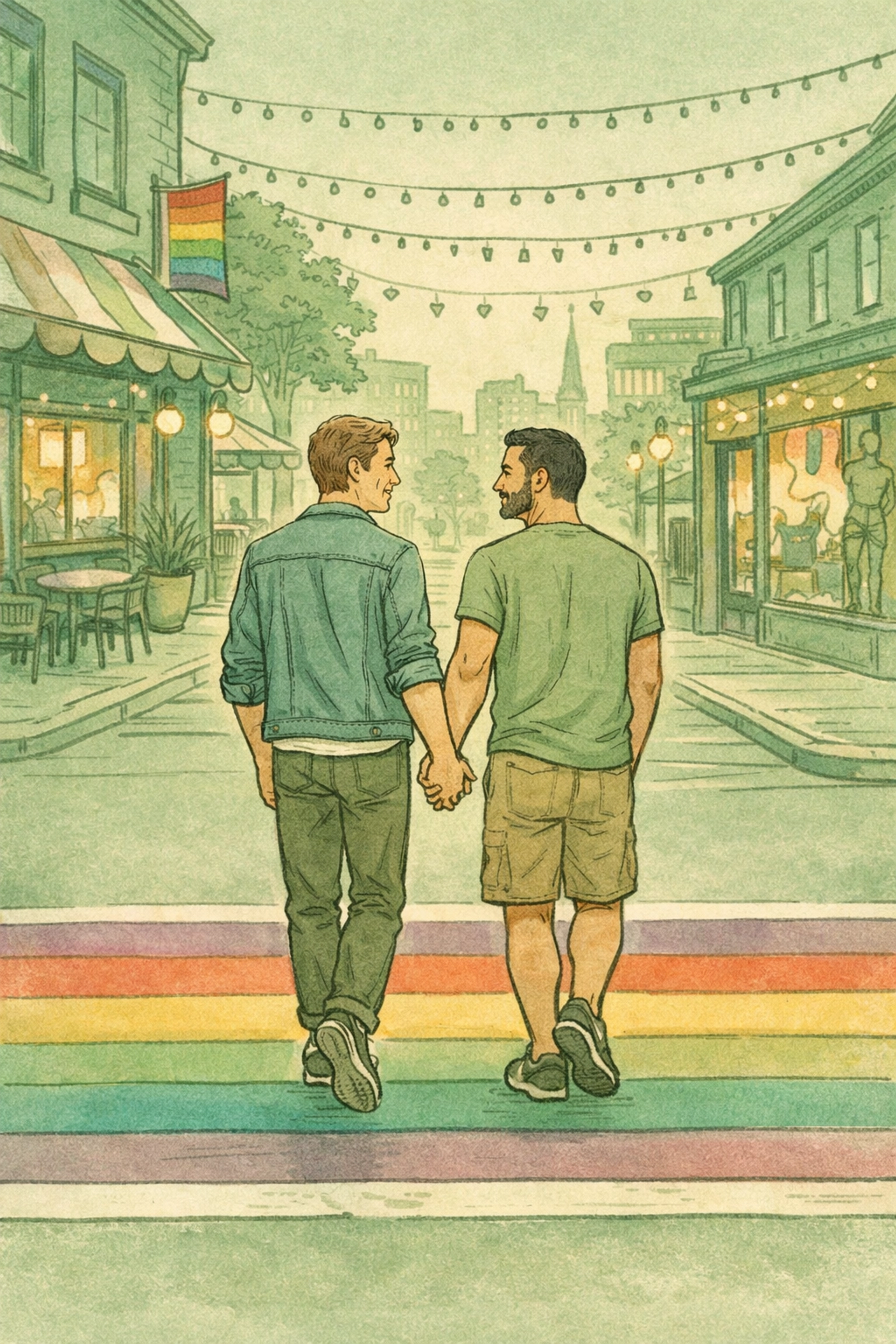 Two men holding hands walking through Montreal Gay Village rainbow crosswalks after refugee escape