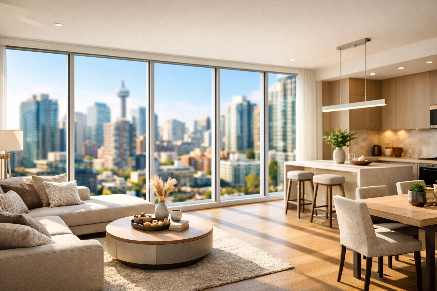 Minimalist condo interior with city views, representing urban real estate growth and new condo loan rules.
