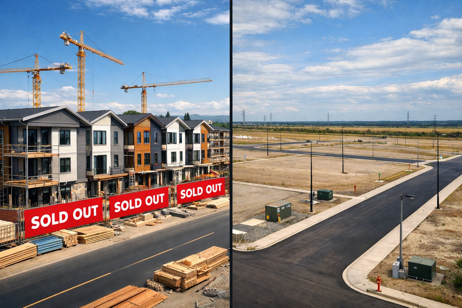 Sold-out residential townhomes contrasted with empty serviced industrial lots in Waterloo Region
