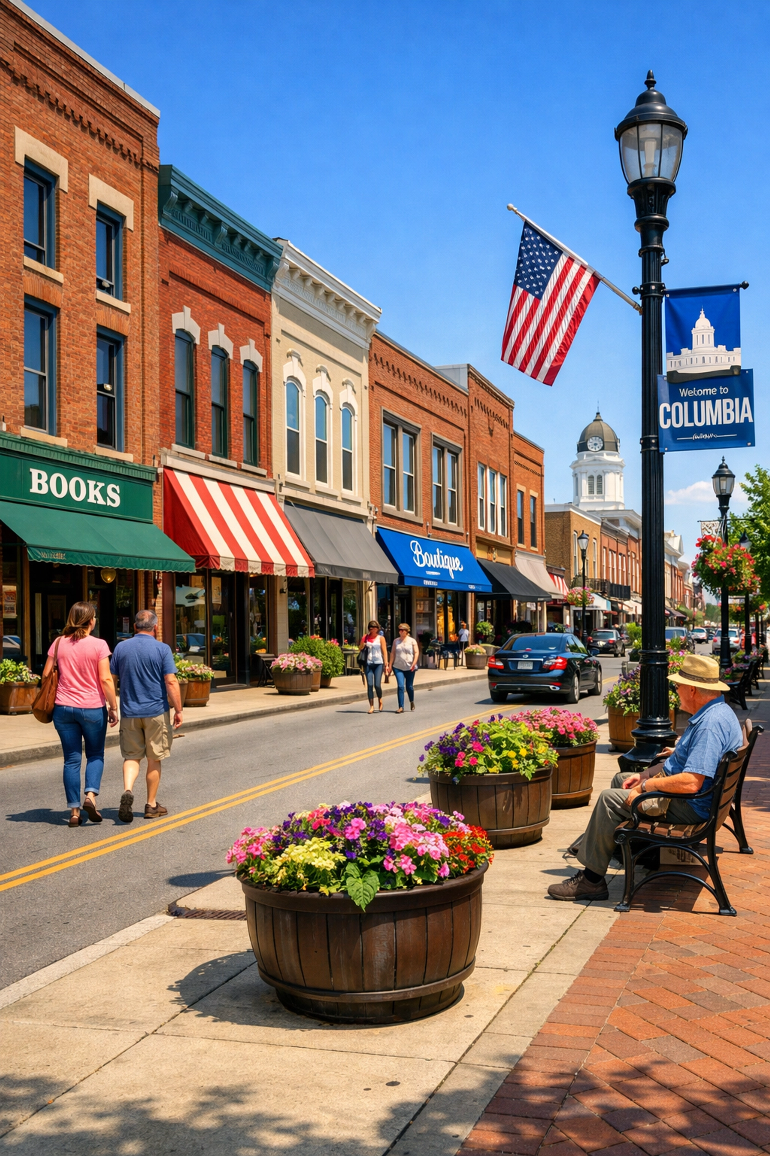 Downtown Columbia Tennessee main street with historic buildings and small-town charm