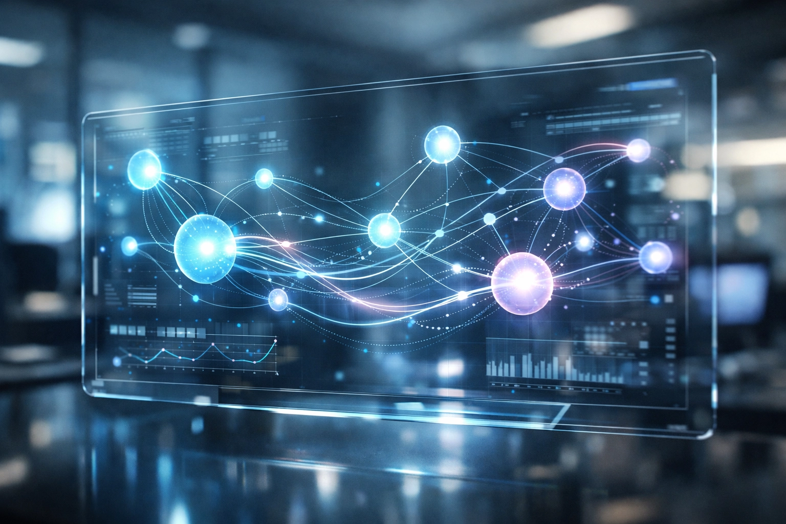 Holographic dashboard displaying interconnected data nodes for workflow optimization