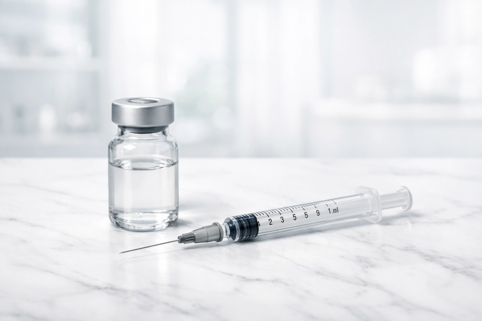 Professional medical vial and syringe for weight loss injections like compounded semaglutide.
