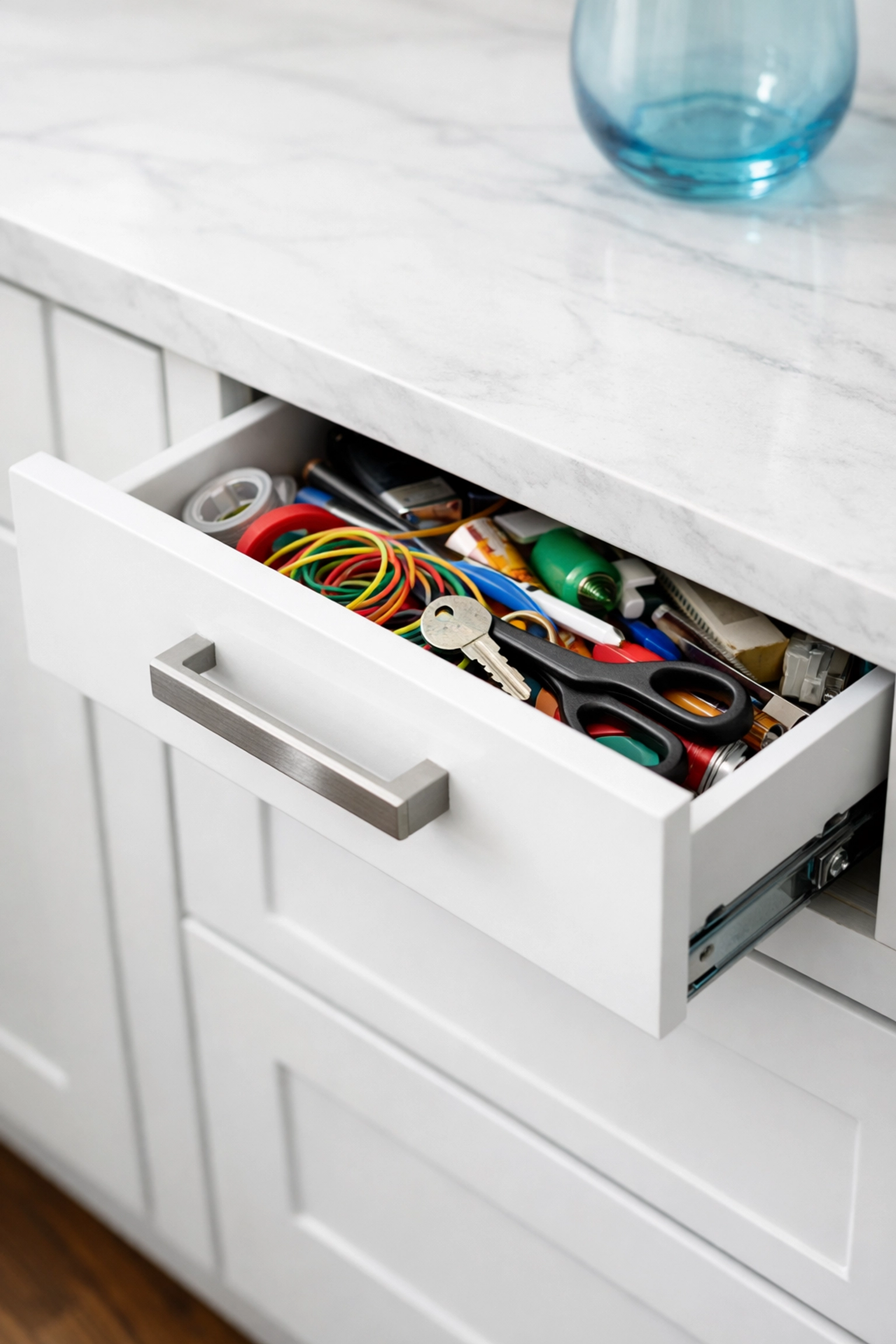 Cluttered kitchen junk drawer being prepared for a 5-minute organization by The Cleaning Ninjas.