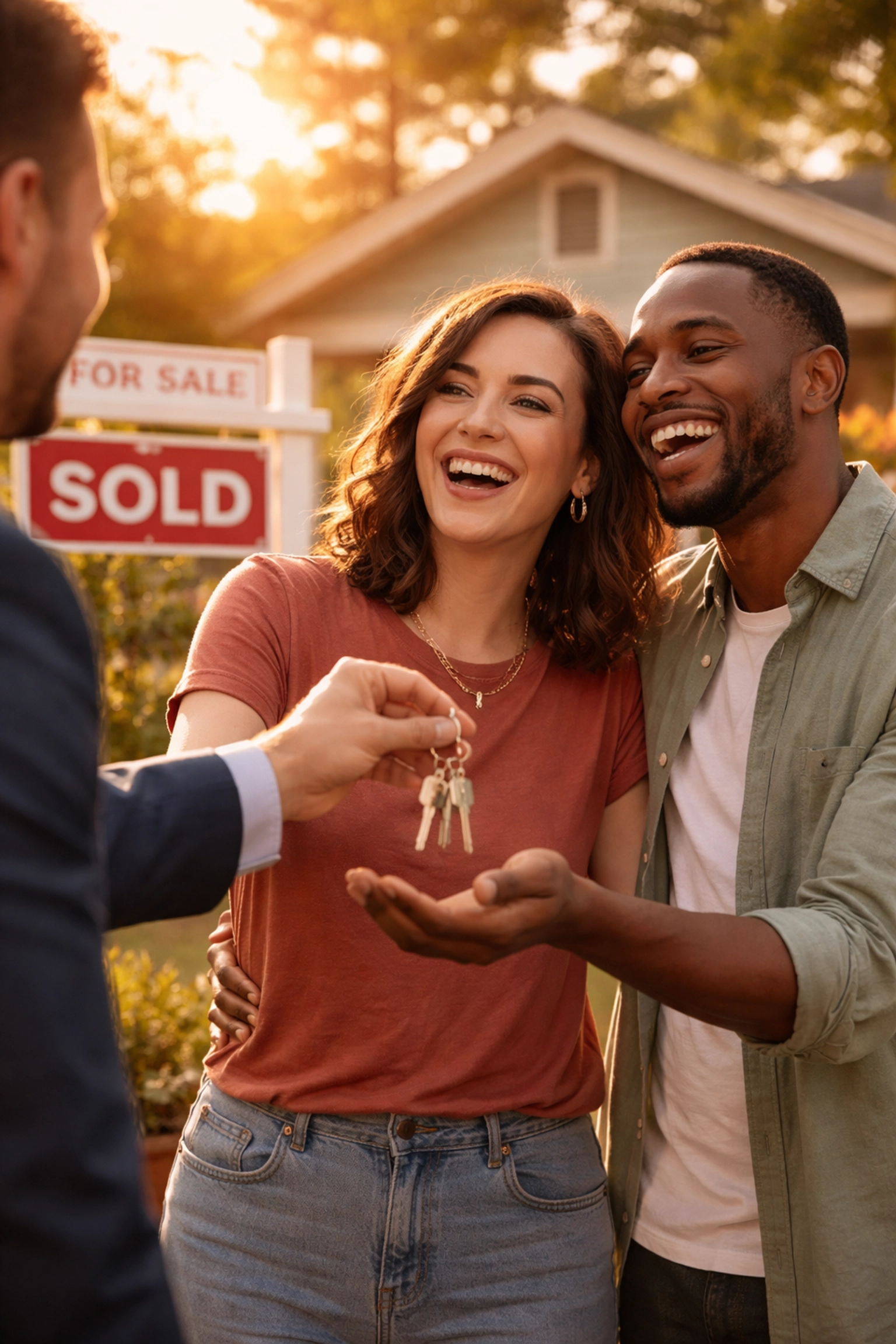 Transgender couple receiving keys to a new home from a real estate agent in a welcoming neighborhood
