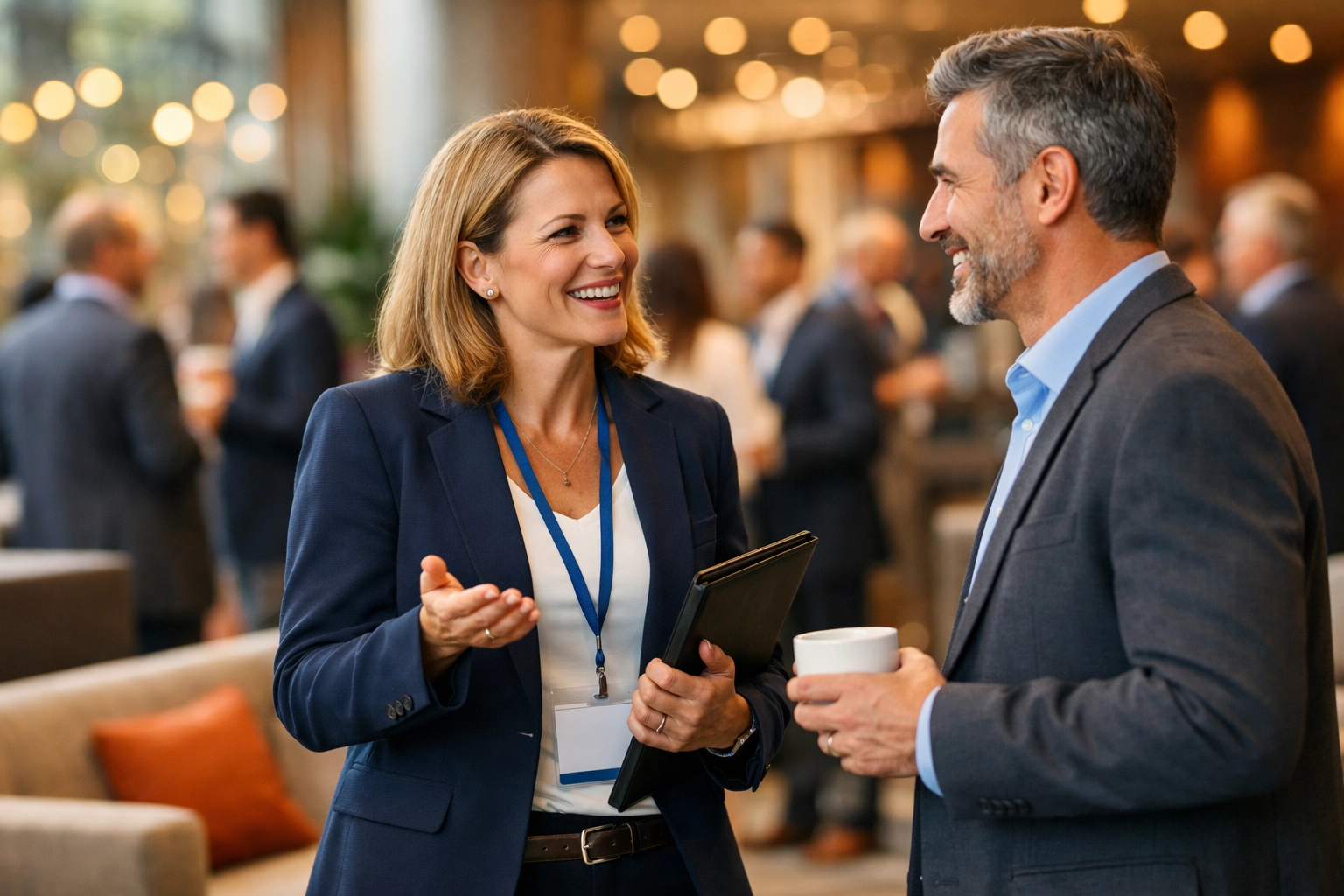 An expert in msp consulting networking with a business owner at a professional industry event.