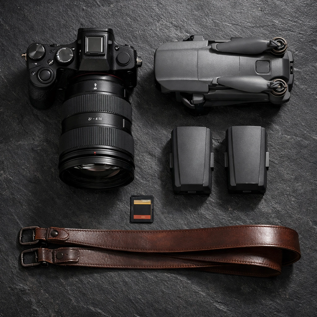 Essential photography gear kit including a mirrorless camera and drone for professional photography work.