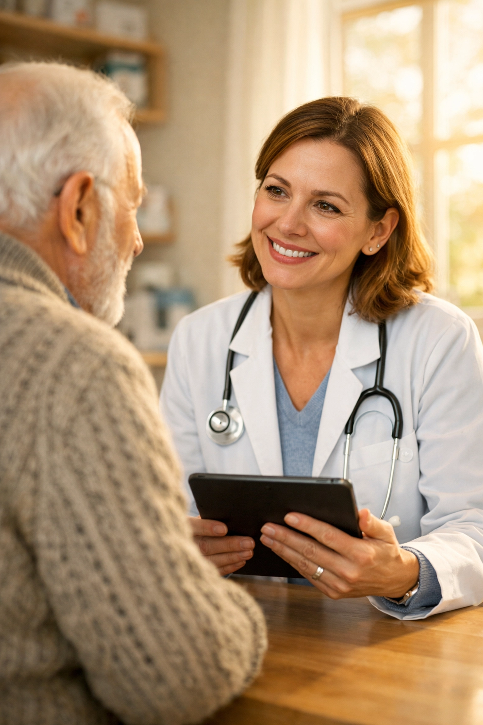 Doctor discussing a post-fall recovery plan with a senior man in a professional medical office.