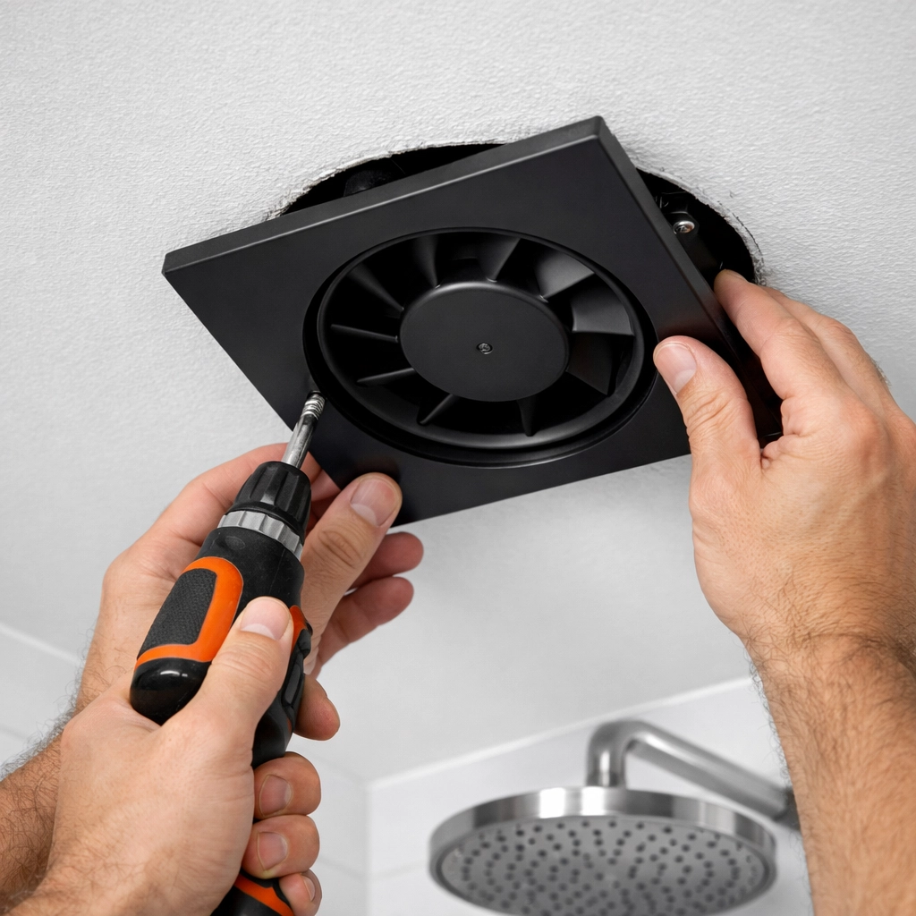Professional bathroom fitter in Cardiff installing a modern ventilation fan to prevent mold.