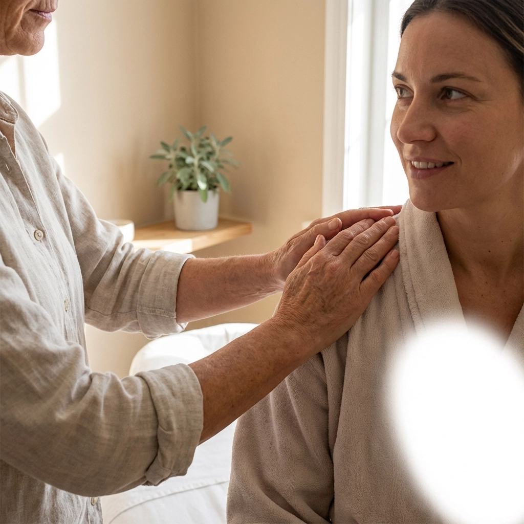 Registered massage therapist checking pressure with a client during a session in a calm Edmonton treatment room