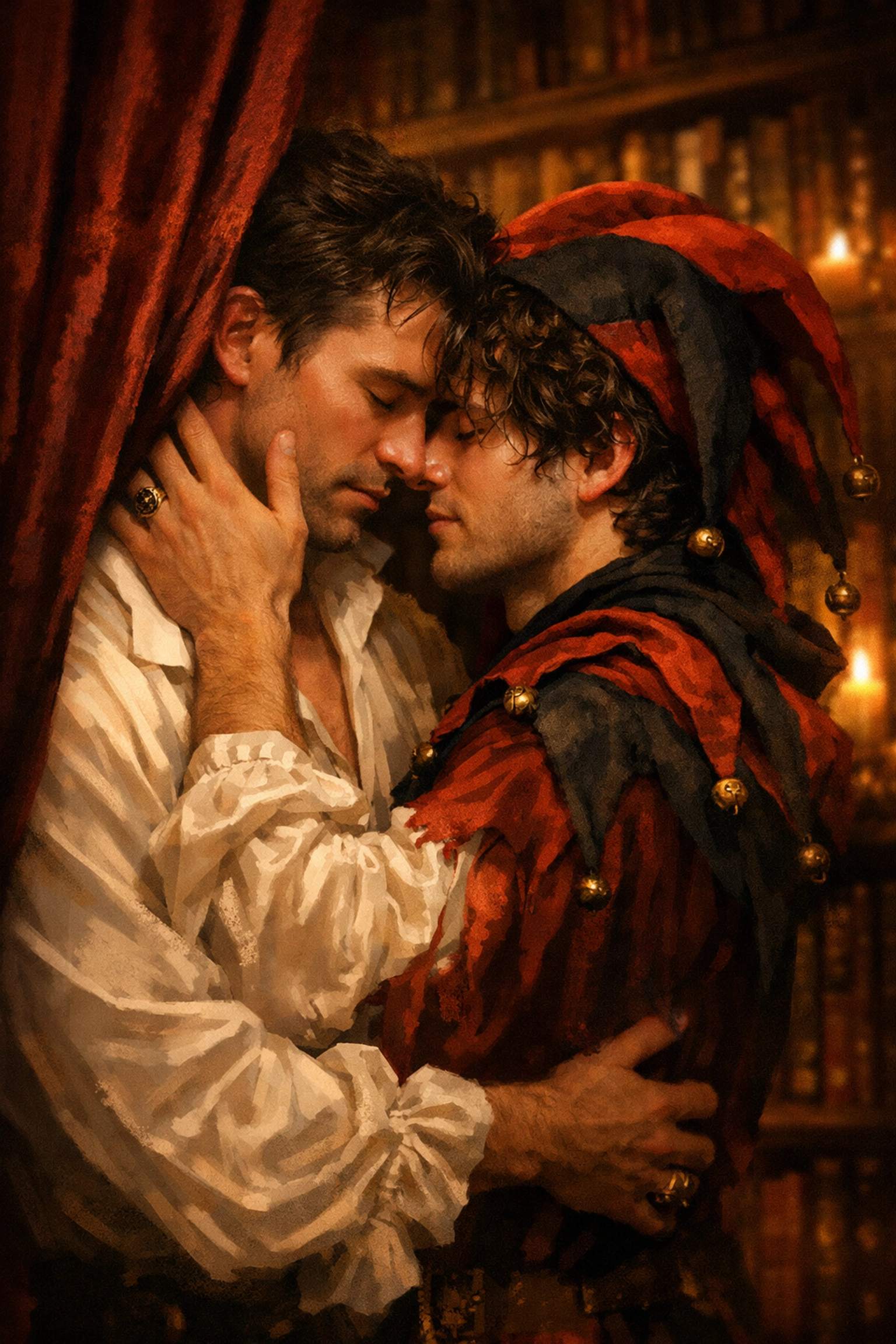 A king and jester in a forbidden embrace in a candlelit library, a steamy MM historical romance scene.