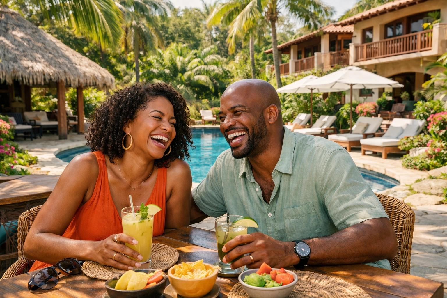Black couple at a boutique resort enjoying a personalized vacation experience from a travel planner.