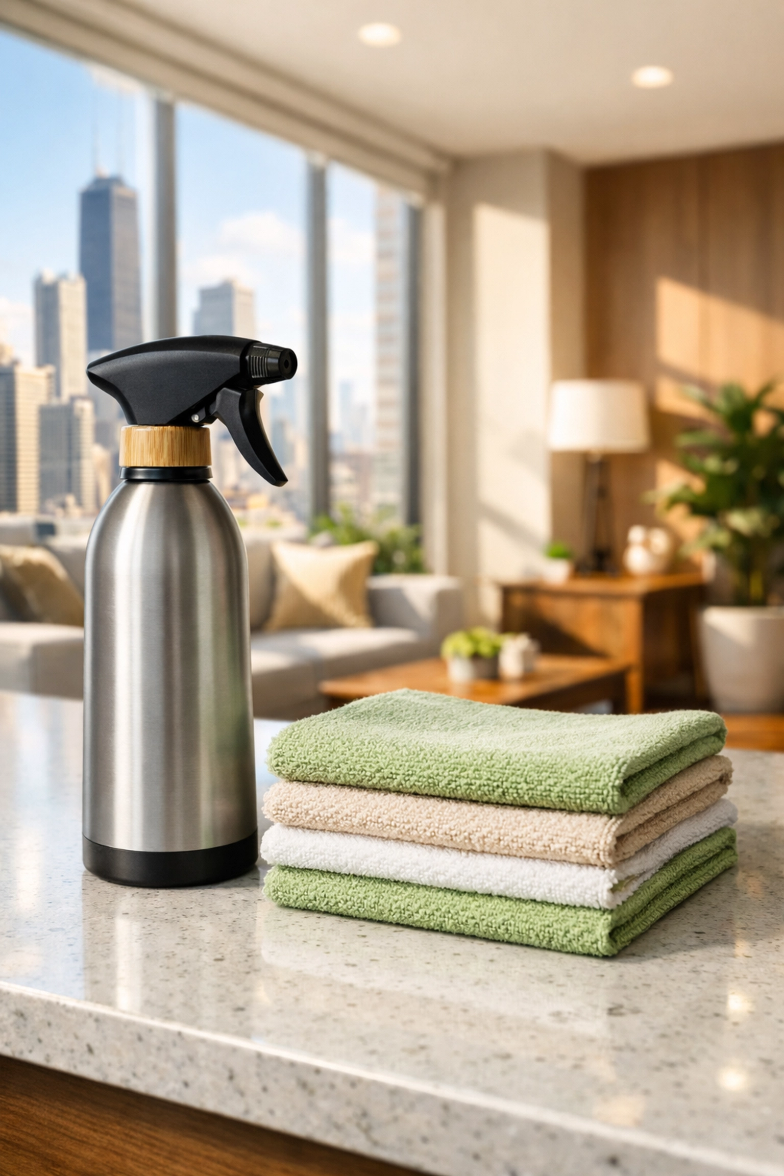 Professional move-out cleaning supplies on a counter in a modern Chicago apartment.