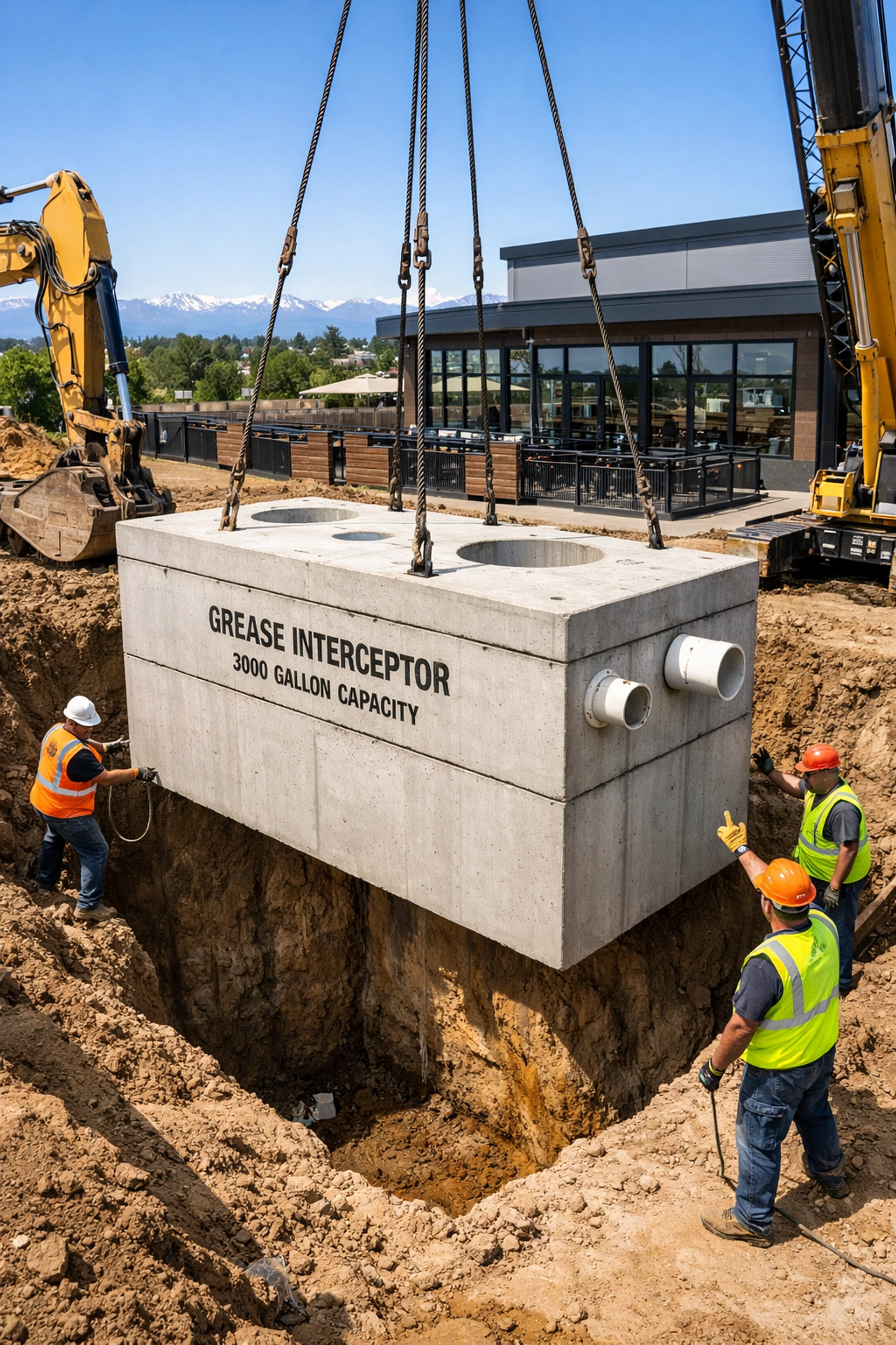 Commercial grease trap installer placing a large concrete interceptor at a Denver business site.