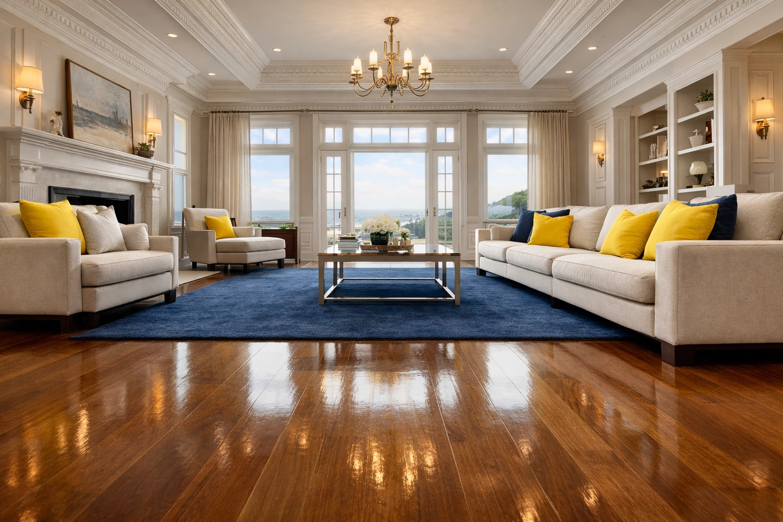 Spotless luxury living room in a Marblehead estate maintained by professional cleaners.