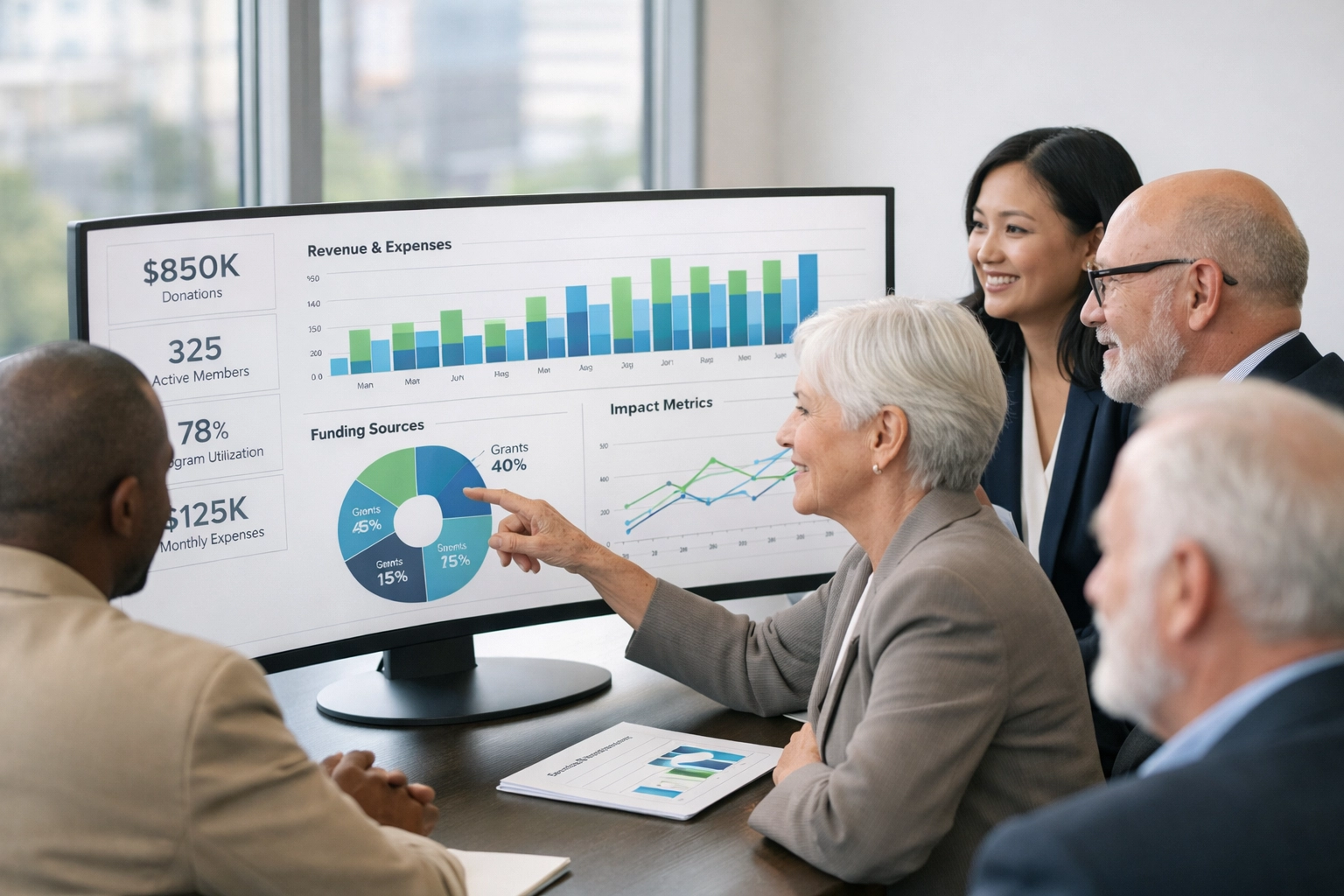 Nonprofit leaders reviewing financial dashboard for transparent financial management